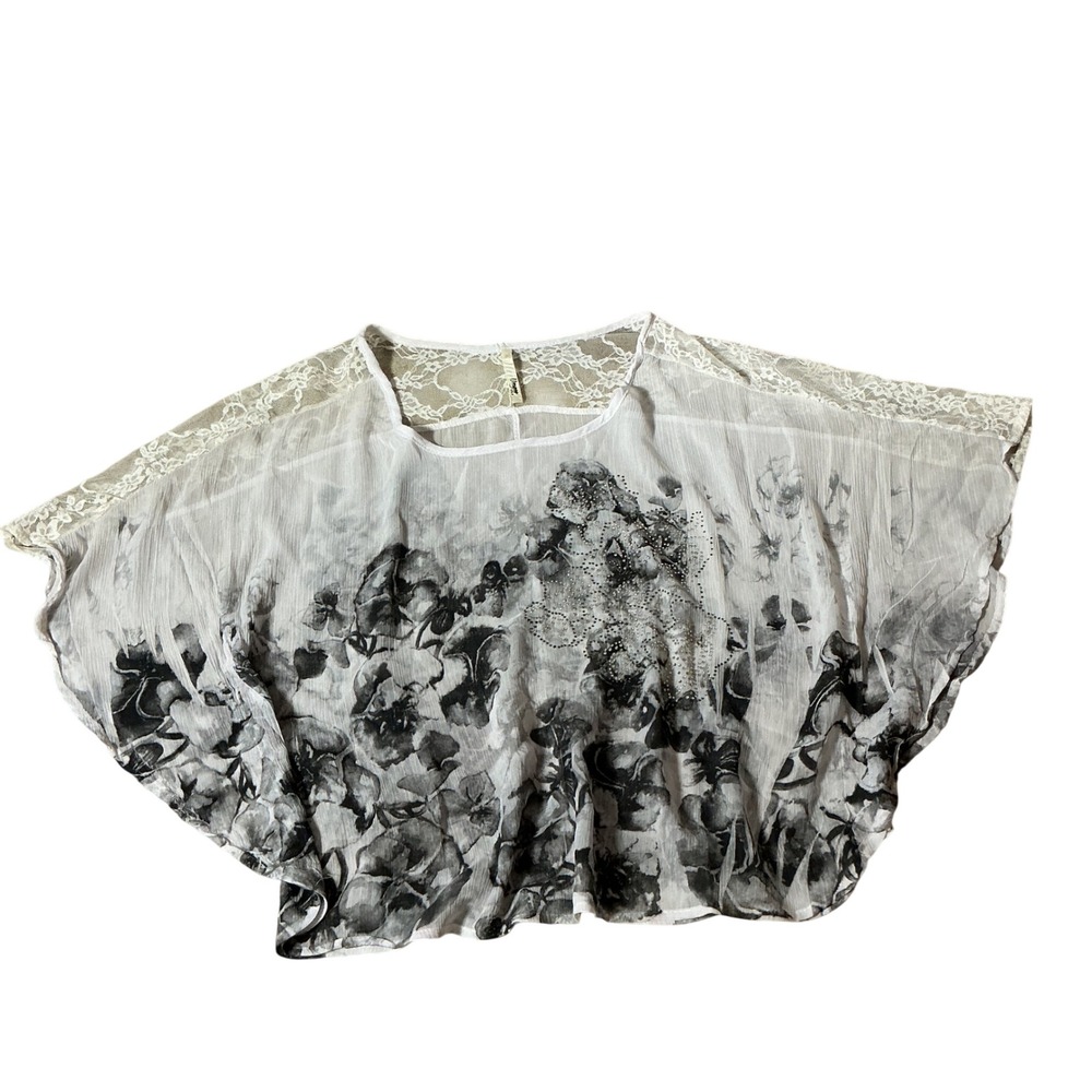 Umgee Floral Lace Rhinestone Poncho Top Womens S White Black Boho Sheer Blouse